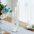 3 - Arm Round Crystal Glass Candelabra Clear Taper Design - Sophisticated Pillar Candle Holder Table Centerpiece for Weddings 23" - Bell Racket Store