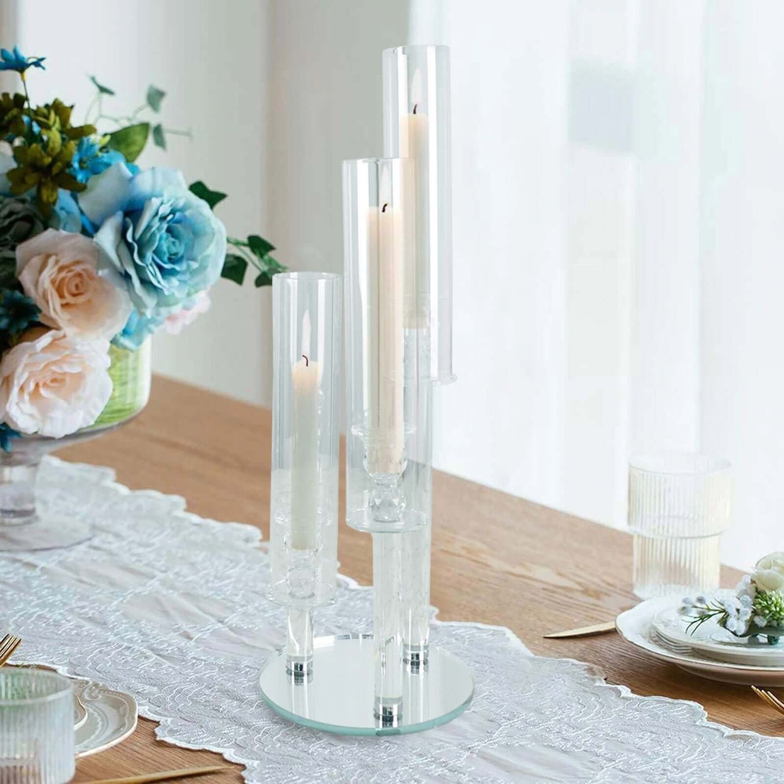 3 - Arm Round Crystal Glass Candelabra Clear Taper Design - Sophisticated Pillar Candle Holder Table Centerpiece for Weddings 23" - Bell Racket Store