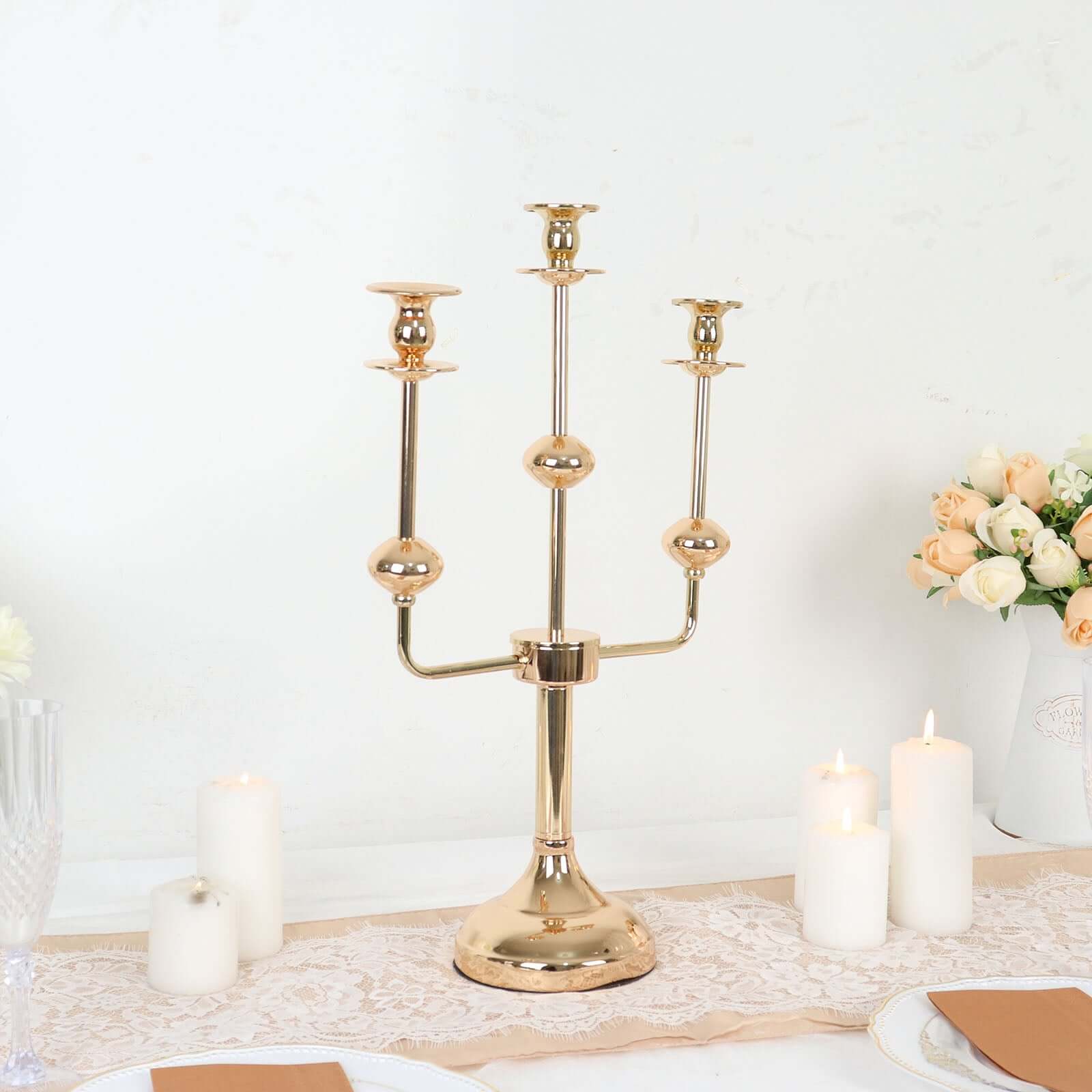 3 - Arm Taper Candelabra Candle Holder Stand Gold Metal Wedding Centerpiece - Decorative Display 20" - Bell Racket Store