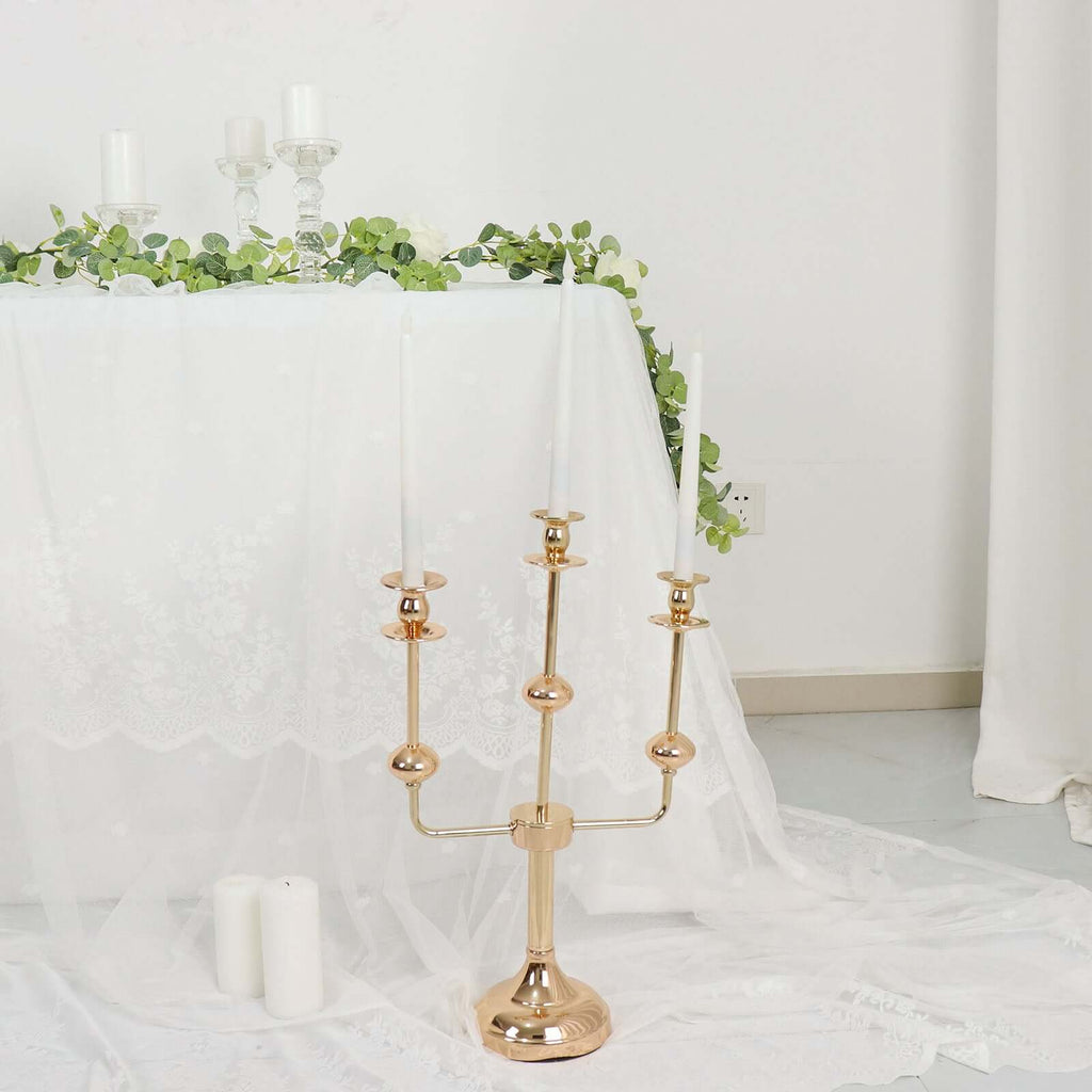 3 - Arm Taper Candelabra Candle Holder Stand Gold Metal Wedding Centerpiece - Decorative Display 20" - Bell Racket Store