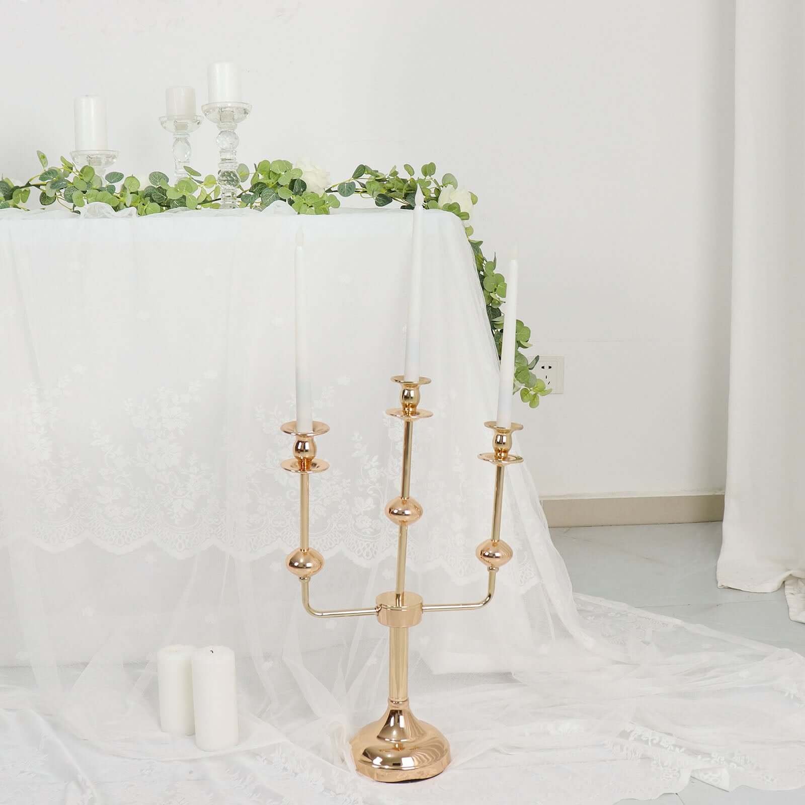 3 - Arm Taper Candelabra Candle Holder Stand Gold Metal Wedding Centerpiece - Decorative Display 20" - Bell Racket Store