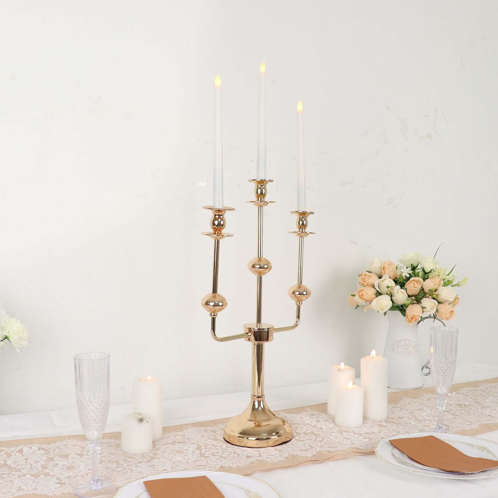3 - Arm Taper Candelabra Candle Holder Stand Gold Metal Wedding Centerpiece - Decorative Display 20" - Bell Racket Store