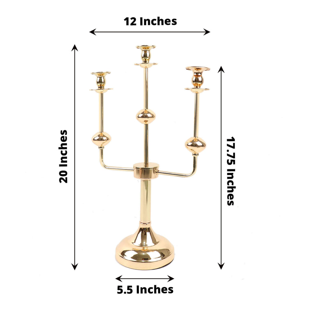 3 - Arm Taper Candelabra Candle Holder Stand Gold Metal Wedding Centerpiece - Decorative Display 20" - Bell Racket Store