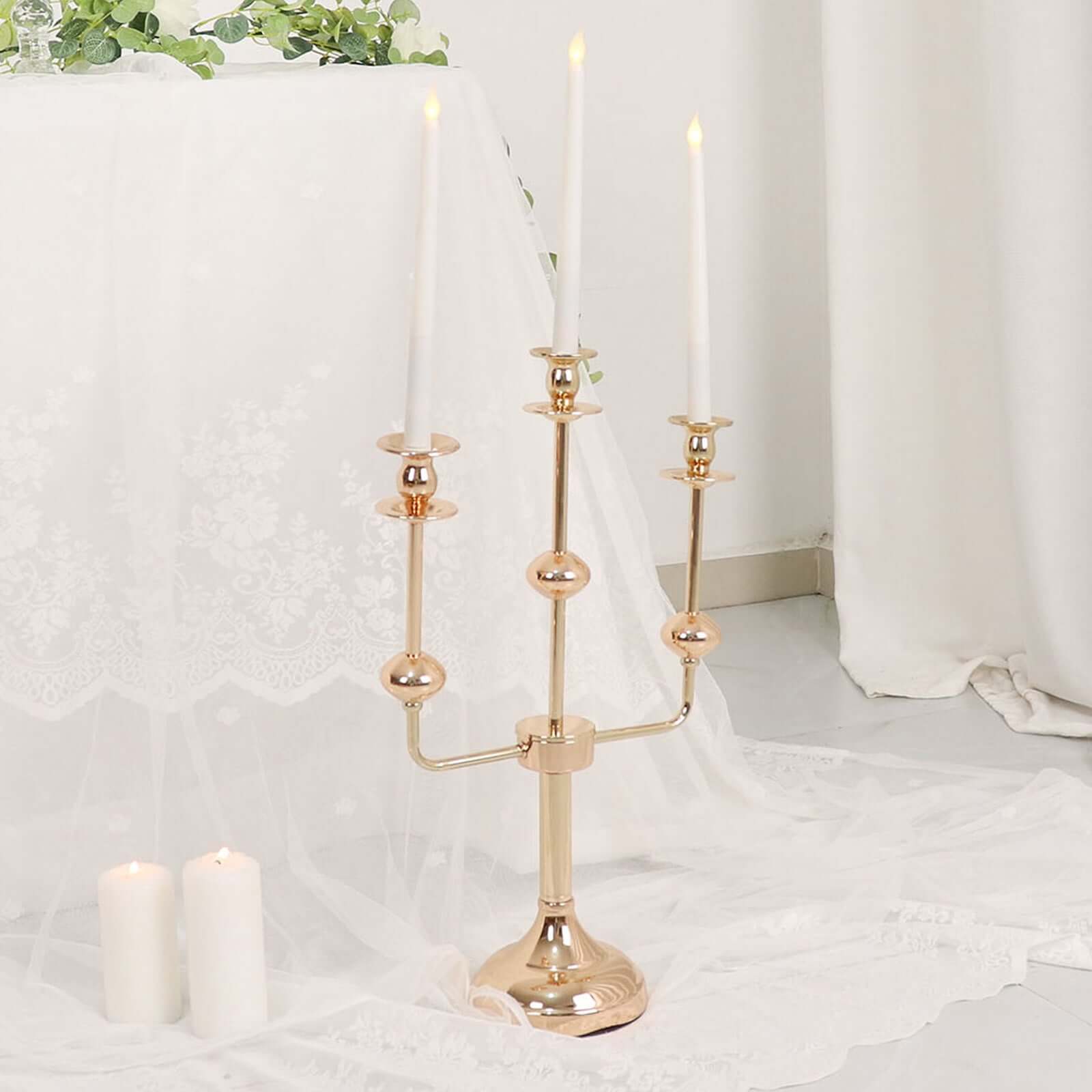 3 - Arm Taper Candelabra Candle Holder Stand Gold Metal Wedding Centerpiece - Decorative Display 20" - Bell Racket Store