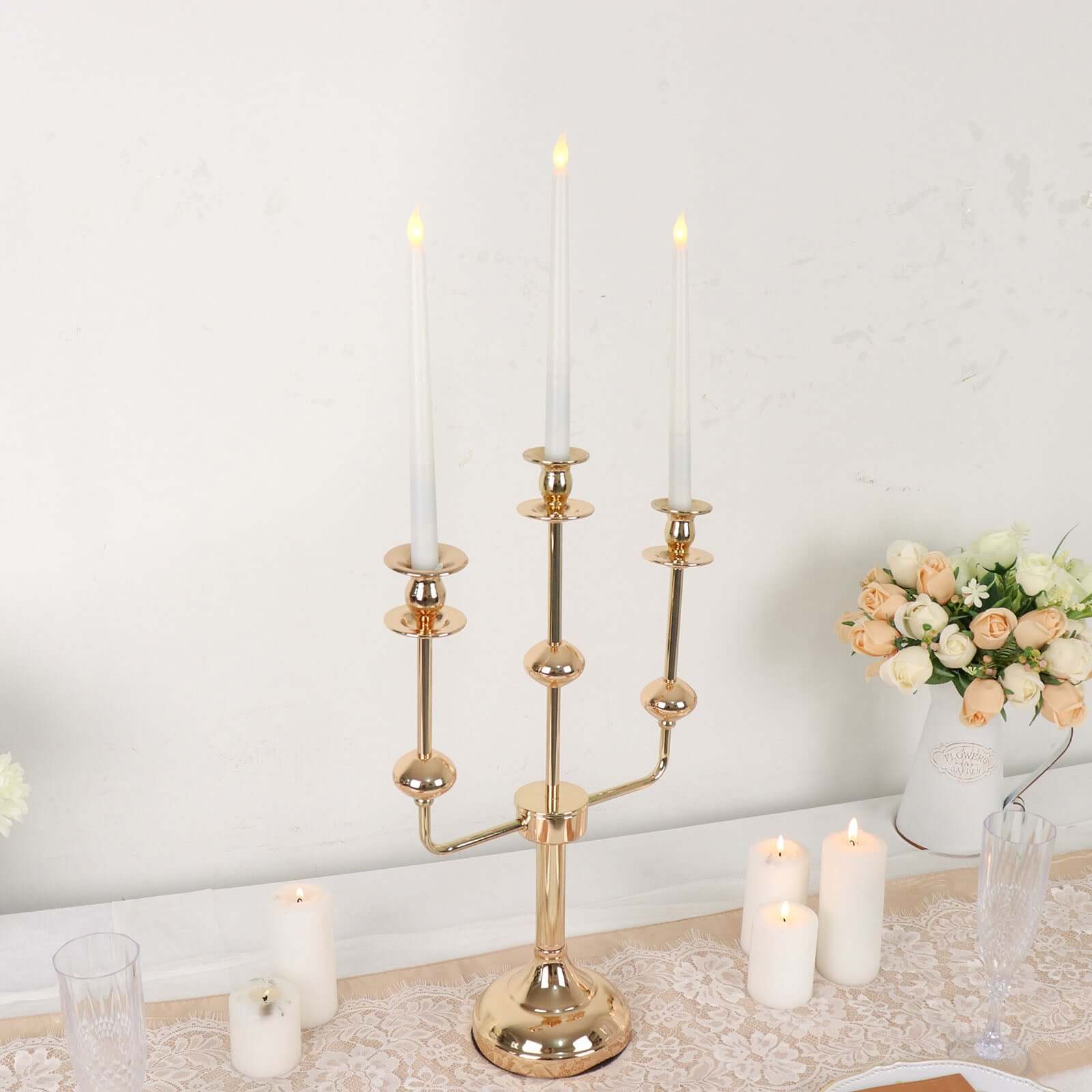 3 - Arm Taper Candelabra Candle Holder Stand Gold Metal Wedding Centerpiece - Decorative Display 20" - Bell Racket Store