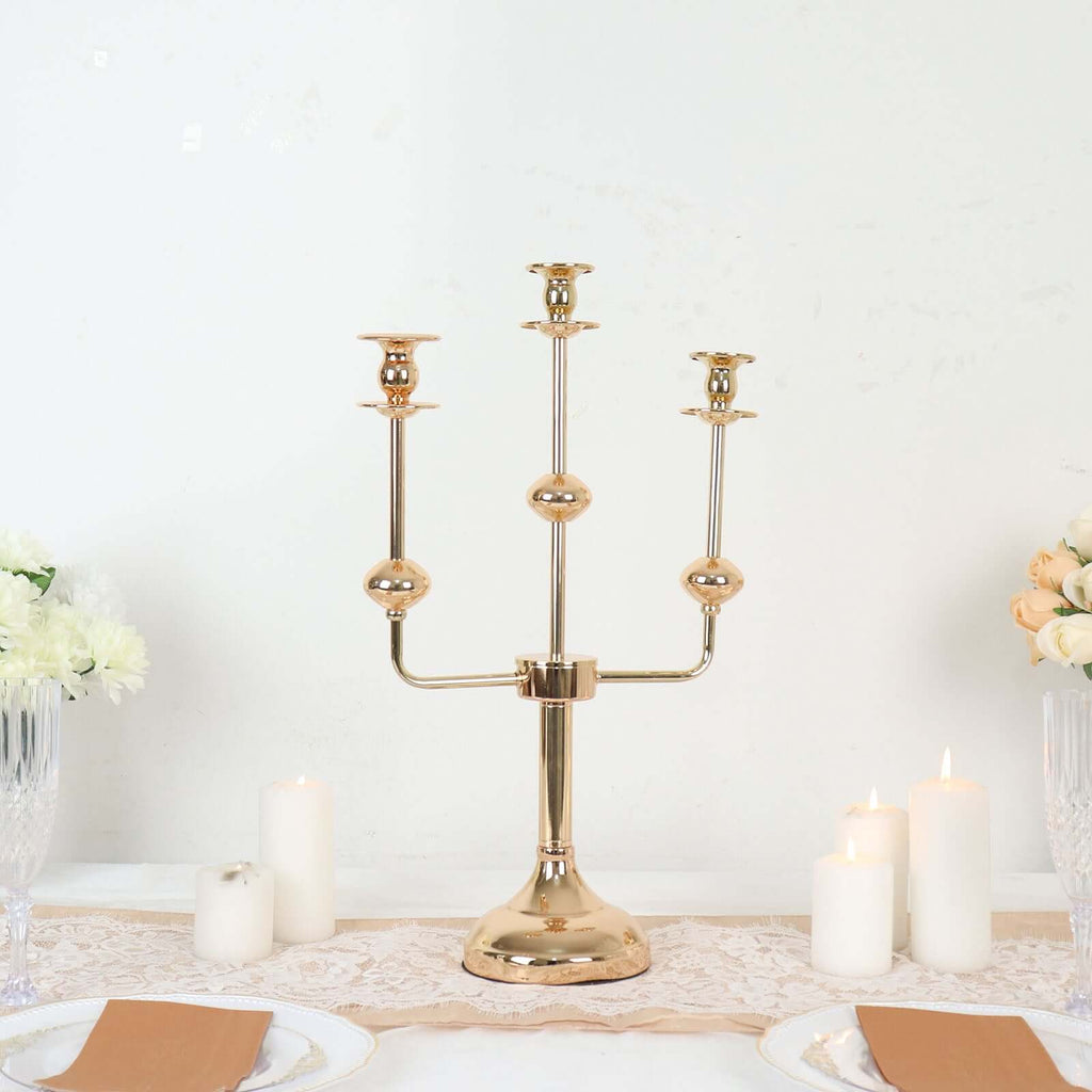 3 - Arm Taper Candelabra Candle Holder Stand Gold Metal Wedding Centerpiece - Decorative Display 20" - Bell Racket Store