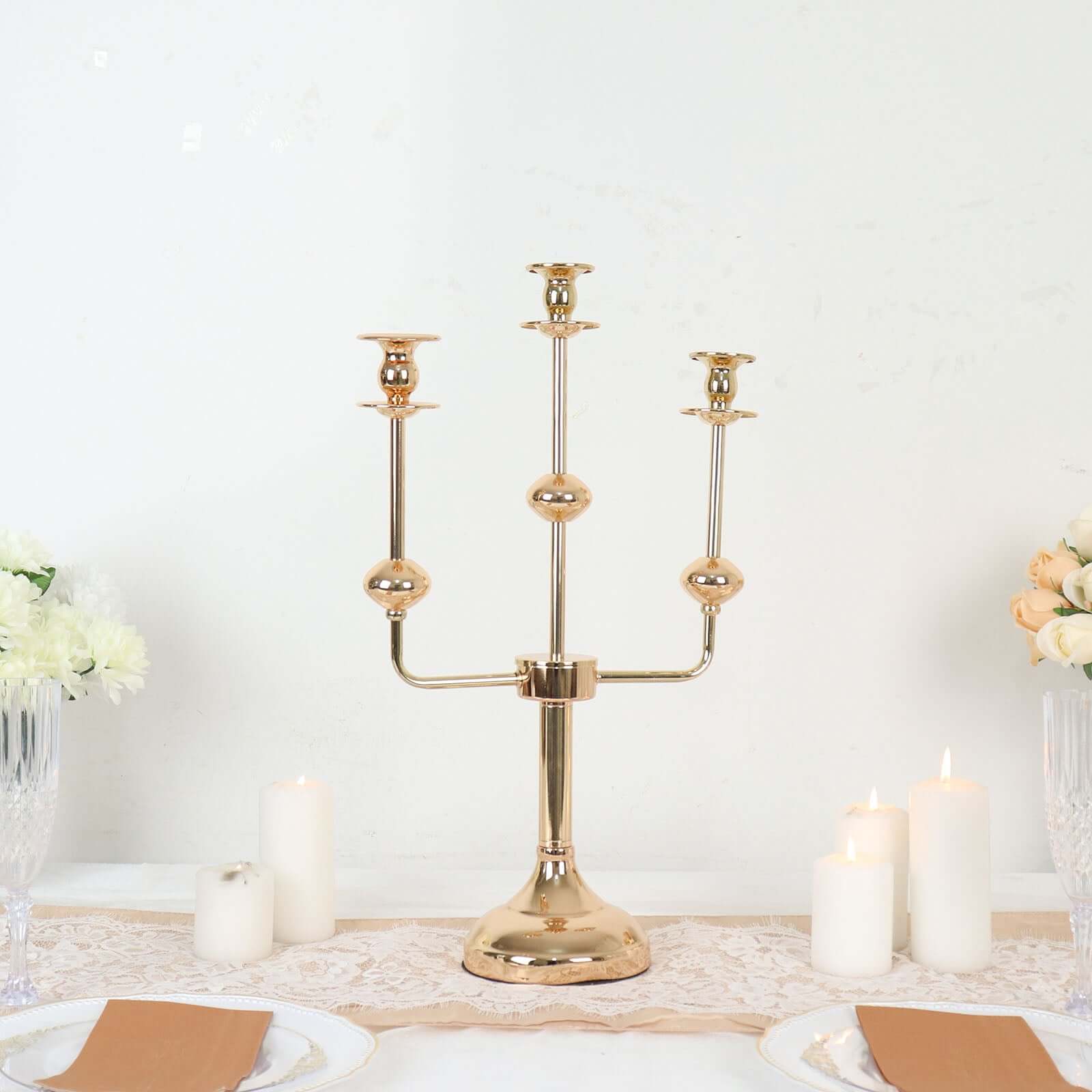 3 - Arm Taper Candelabra Candle Holder Stand Gold Metal Wedding Centerpiece - Decorative Display 20" - Bell Racket Store