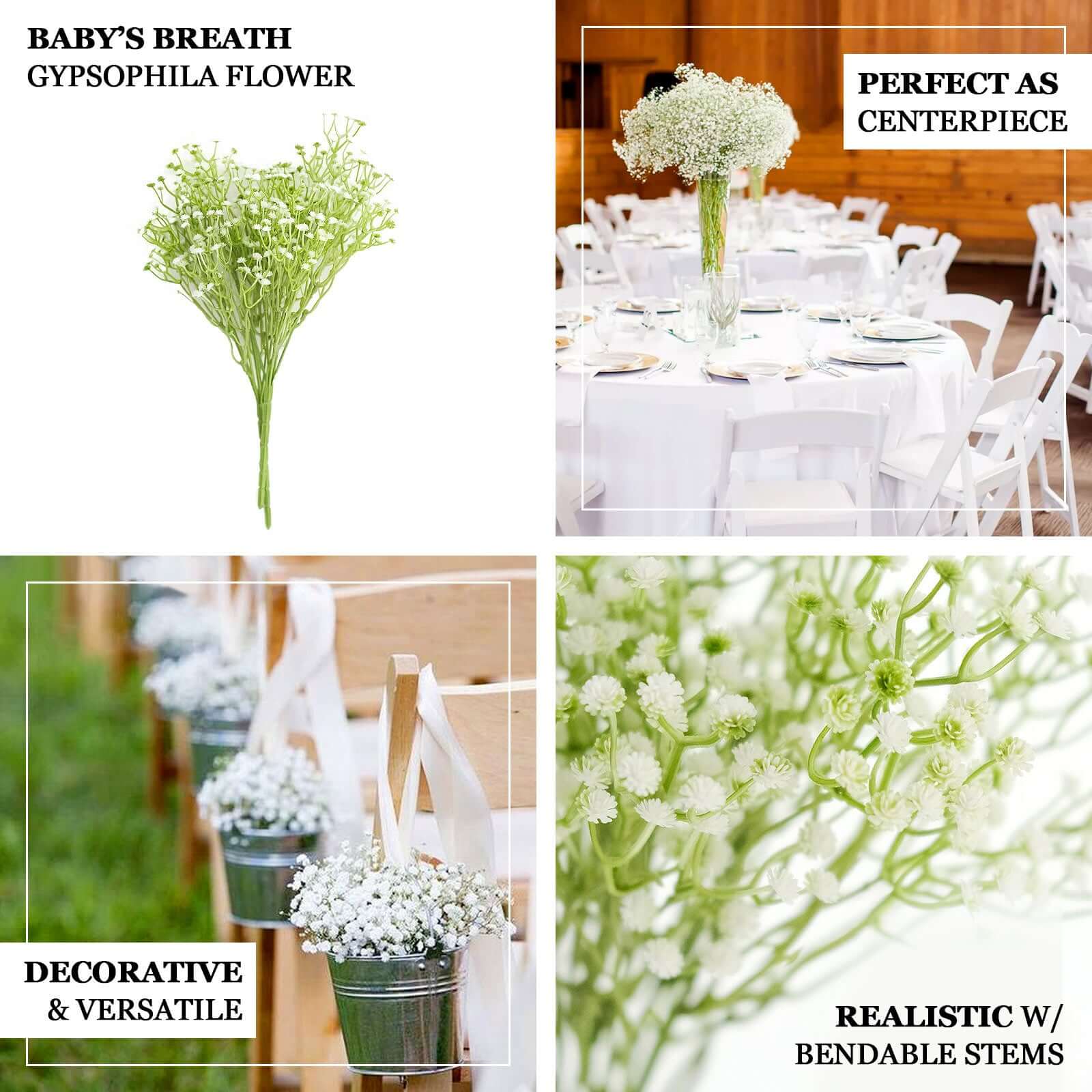 3 Bushes White 14" Artificial Babyâ€™s Breath Gypsophila Flower Arrangements, Real Touch Indoor Faux Floral Bouquets - Bell Racket Store