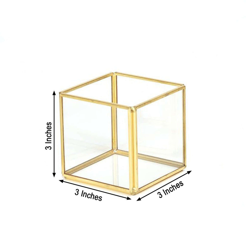 3-Pack Glass Tealight Votive Candle Holders Square Cube Design Clear with Gold Metal Frame - Stackable 3"