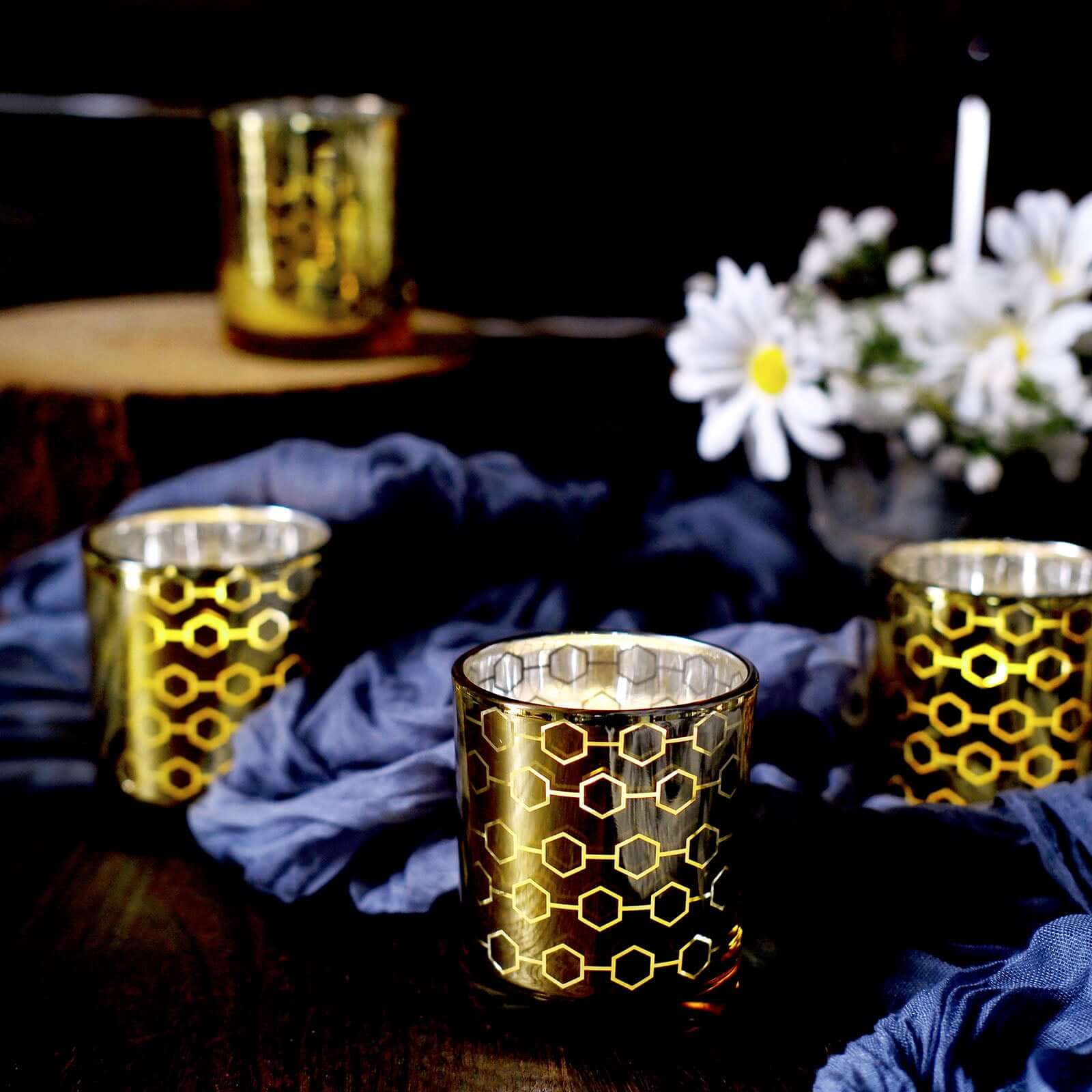 6-Pack Mercury Glass Candle Holders Gold with Honeycomb Design - Votive Candle Containers 3"