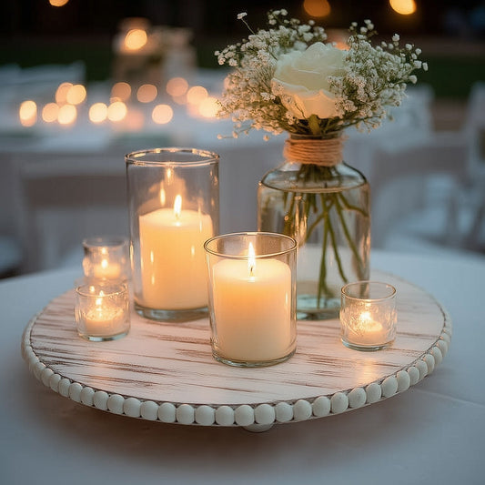 3 - Pack 13" Rustic Wooden Charger Plates â€“ Antique White Beaded Risers for Centerpieces, Cakes - Bell Racket Store