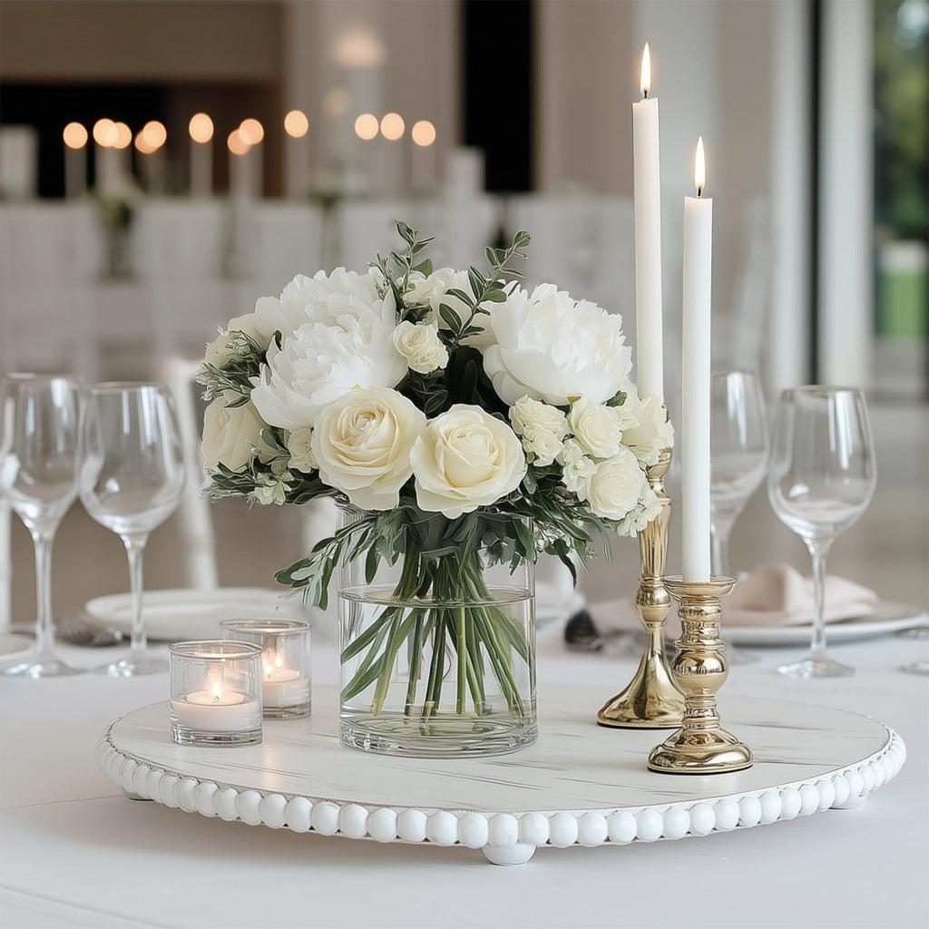 3 - Pack 13" Rustic Wooden Charger Plates â€“ Antique White Beaded Risers for Centerpieces, Cakes - Bell Racket Store