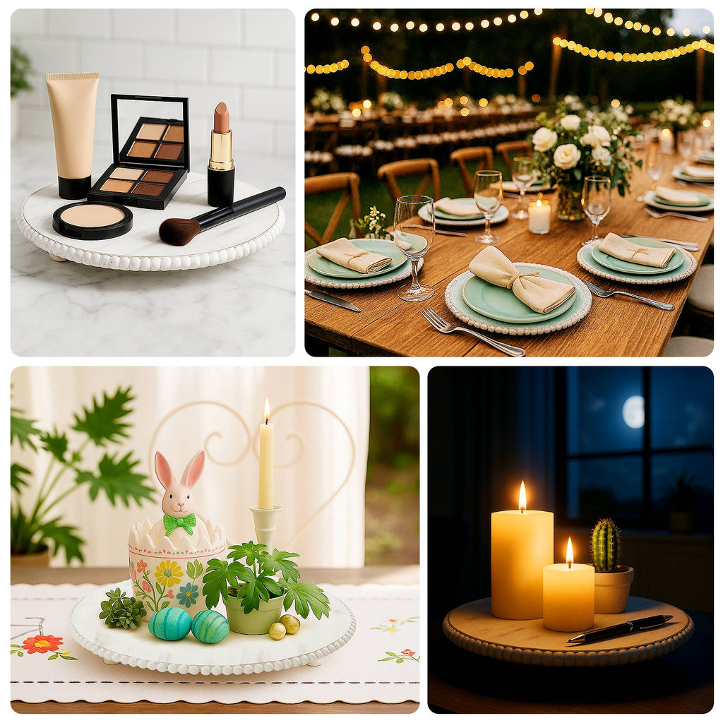 3 - Pack 13" Rustic Wooden Charger Plates â€“ Antique White Beaded Risers for Centerpieces, Cakes - Bell Racket Store