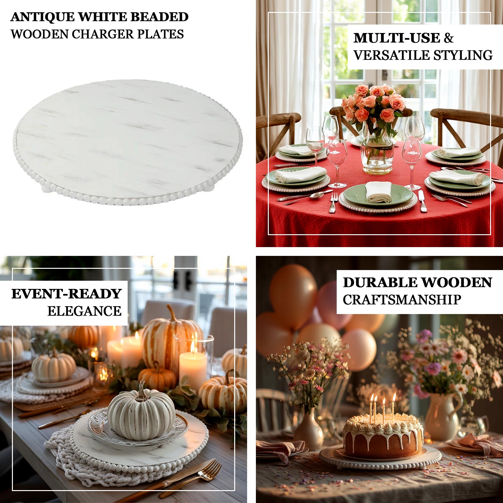 3 - Pack 13" Rustic Wooden Charger Plates â€“ Antique White Beaded Risers for Centerpieces, Cakes - Bell Racket Store