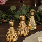 3 - Pack Ceramic Taper Candle Holders Ribbed Cone Shaped Design Metallic Gold - Candlestick Stands for Decor 5" - Bell Racket Store