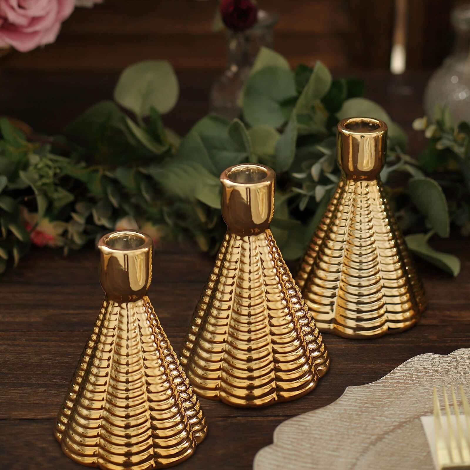 3 - Pack Ceramic Taper Candle Holders Ribbed Cone Shaped Design Metallic Gold - Candlestick Stands for Decor 5" - Bell Racket Store