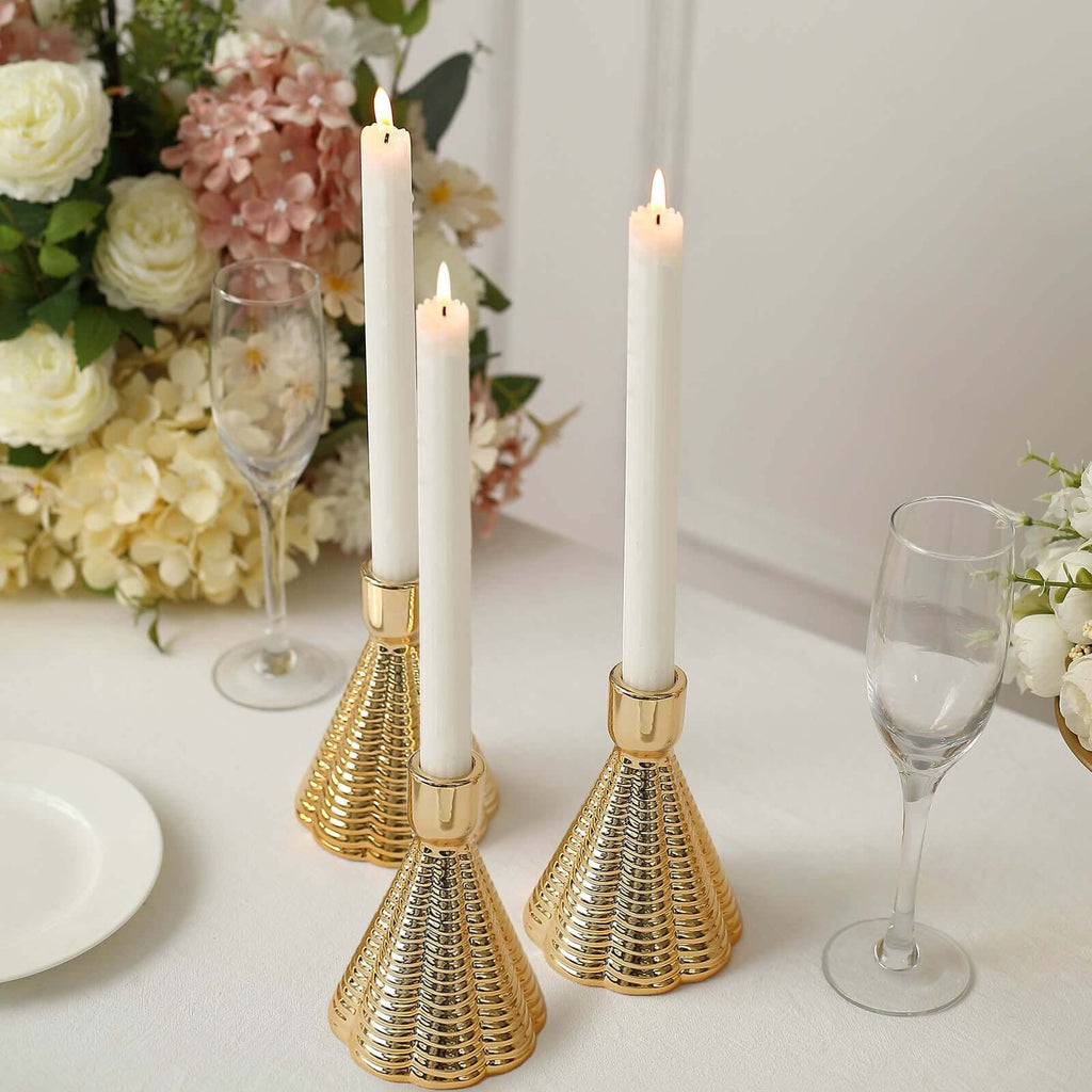 3 - Pack Ceramic Taper Candle Holders Ribbed Cone Shaped Design Metallic Gold - Candlestick Stands for Decor 5" - Bell Racket Store