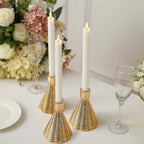 3 - Pack Ceramic Taper Candle Holders Ribbed Cone Shaped Design Metallic Gold - Candlestick Stands for Decor 5" - Bell Racket Store