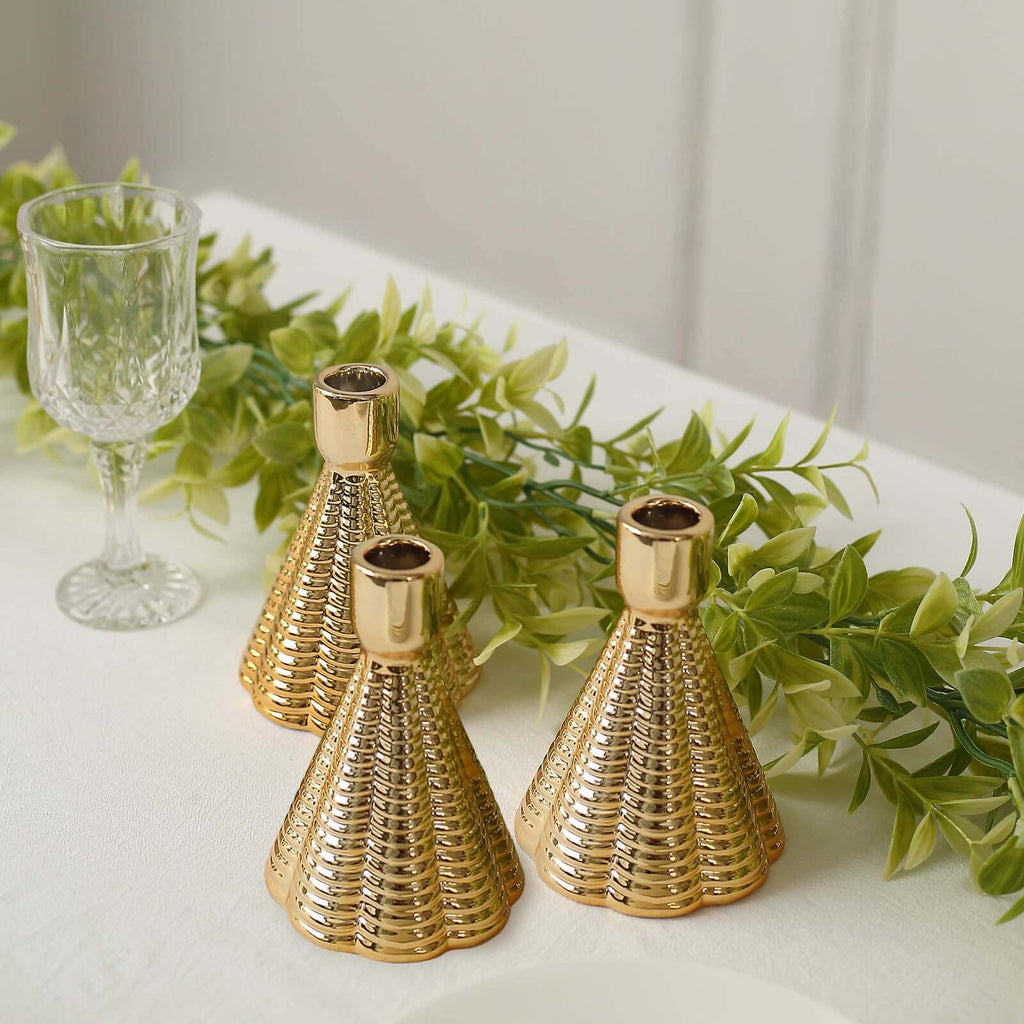 3 - Pack Ceramic Taper Candle Holders Ribbed Cone Shaped Design Metallic Gold - Candlestick Stands for Decor 5" - Bell Racket Store
