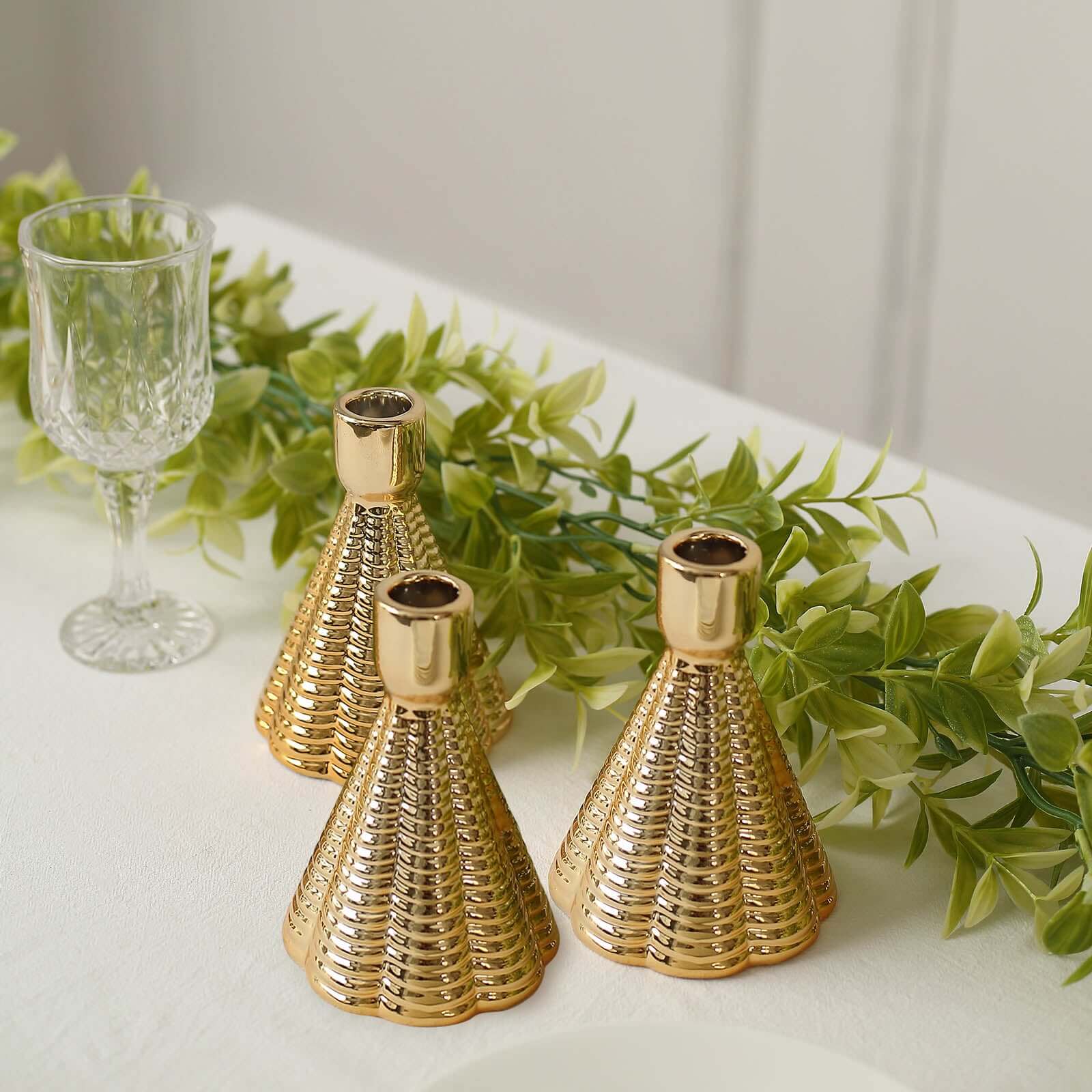 3 - Pack Ceramic Taper Candle Holders Ribbed Cone Shaped Design Metallic Gold - Candlestick Stands for Decor 5" - Bell Racket Store