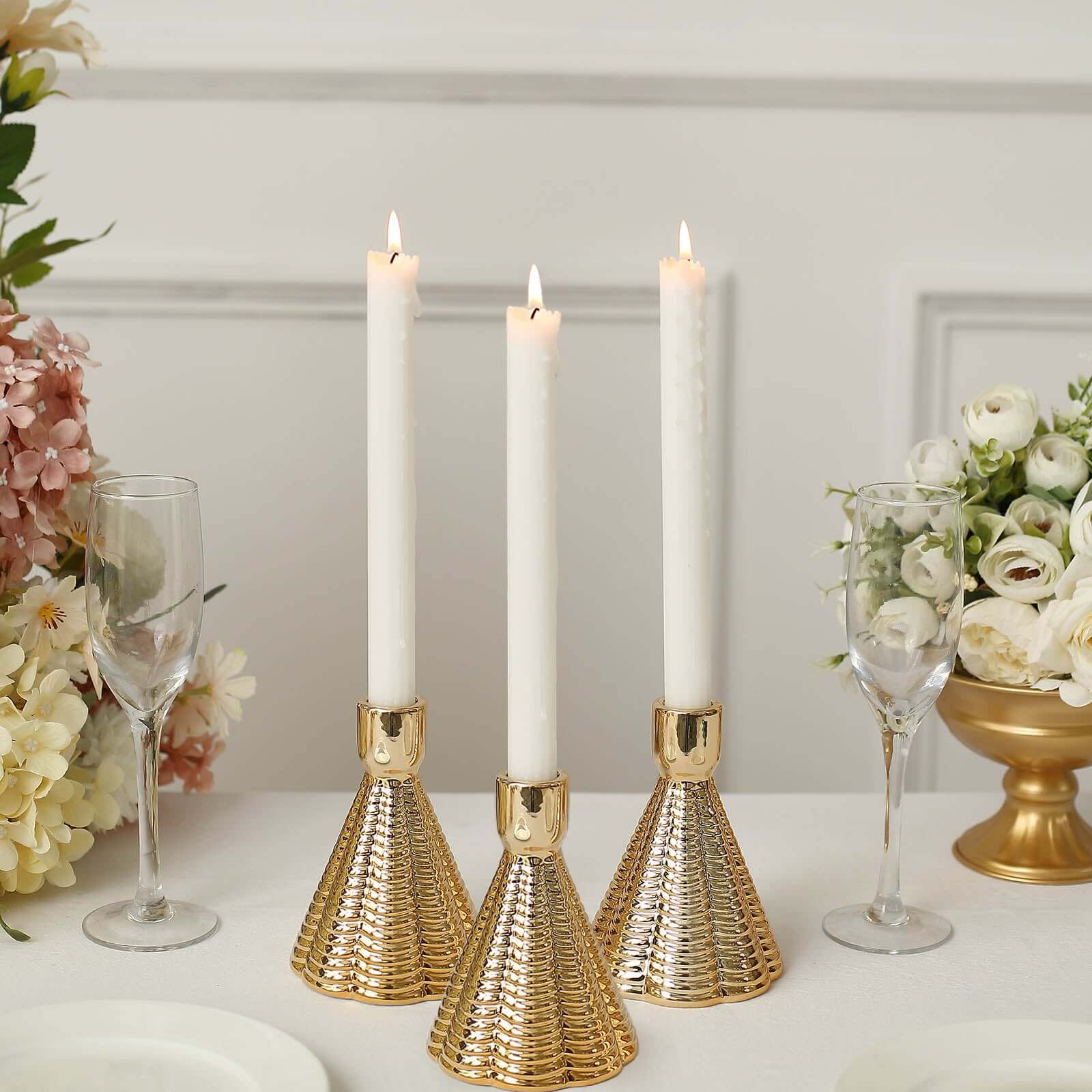 3 - Pack Ceramic Taper Candle Holders Ribbed Cone Shaped Design Metallic Gold - Candlestick Stands for Decor 5" - Bell Racket Store