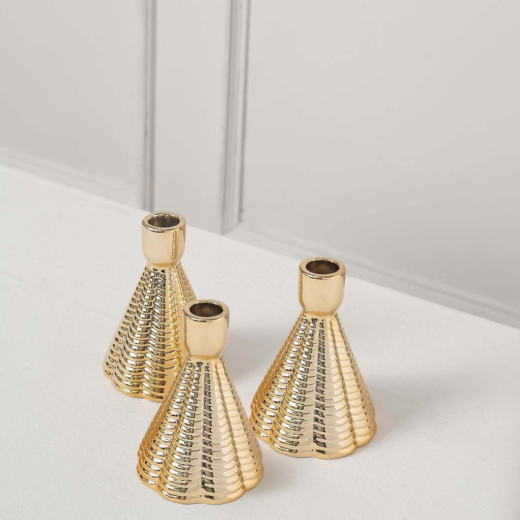 3 - Pack Ceramic Taper Candle Holders Ribbed Cone Shaped Design Metallic Gold - Candlestick Stands for Decor 5" - Bell Racket Store