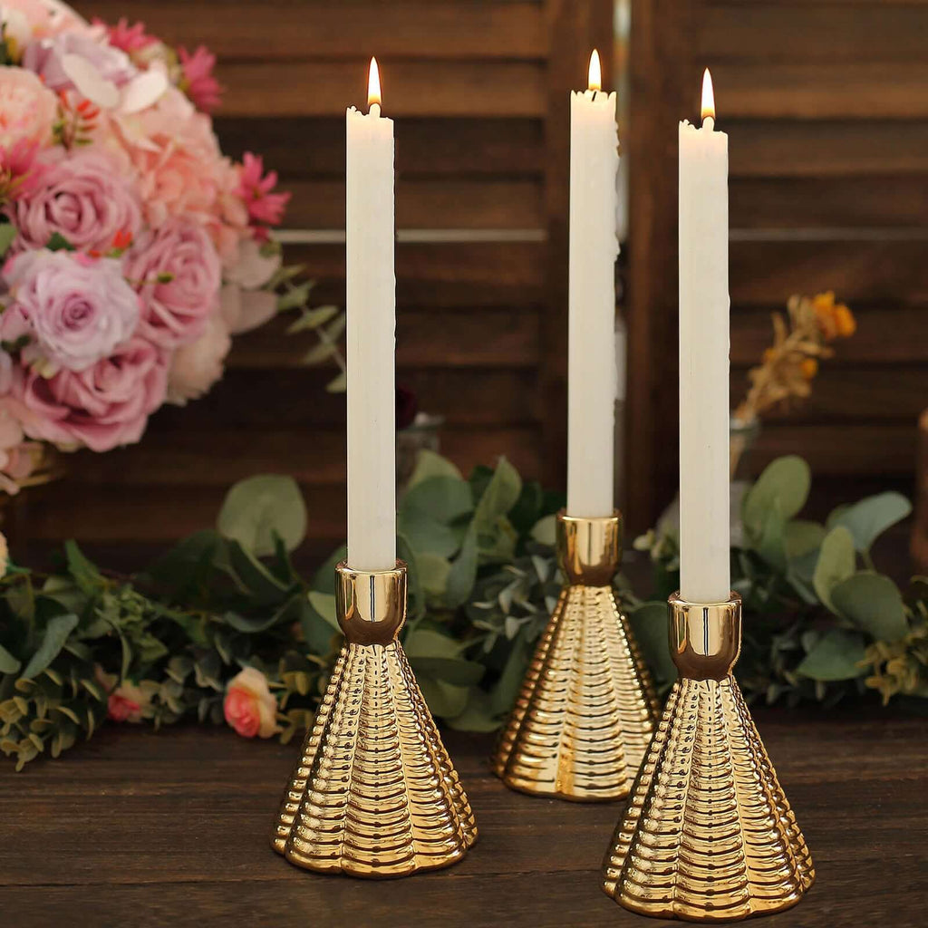 3 - Pack Ceramic Taper Candle Holders Ribbed Cone Shaped Design Metallic Gold - Candlestick Stands for Decor 5" - Bell Racket Store