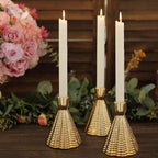3 - Pack Ceramic Taper Candle Holders Ribbed Cone Shaped Design Metallic Gold - Candlestick Stands for Decor 5" - Bell Racket Store