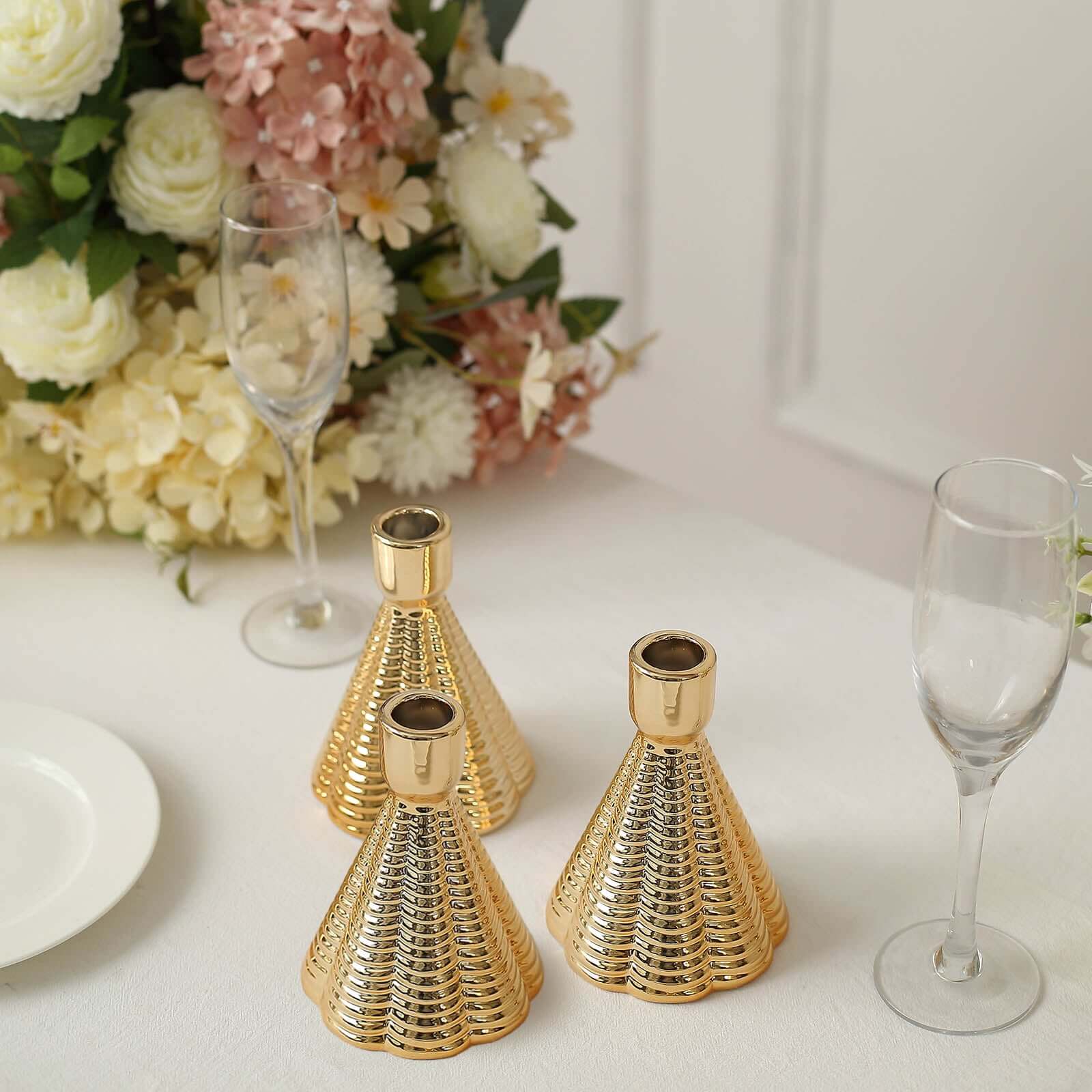 3 - Pack Ceramic Taper Candle Holders Ribbed Cone Shaped Design Metallic Gold - Candlestick Stands for Decor 5" - Bell Racket Store