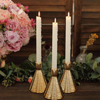 3 - Pack Ceramic Taper Candle Holders Ribbed Cone Shaped Design Metallic Gold - Candlestick Stands for Decor 5" - Bell Racket Store