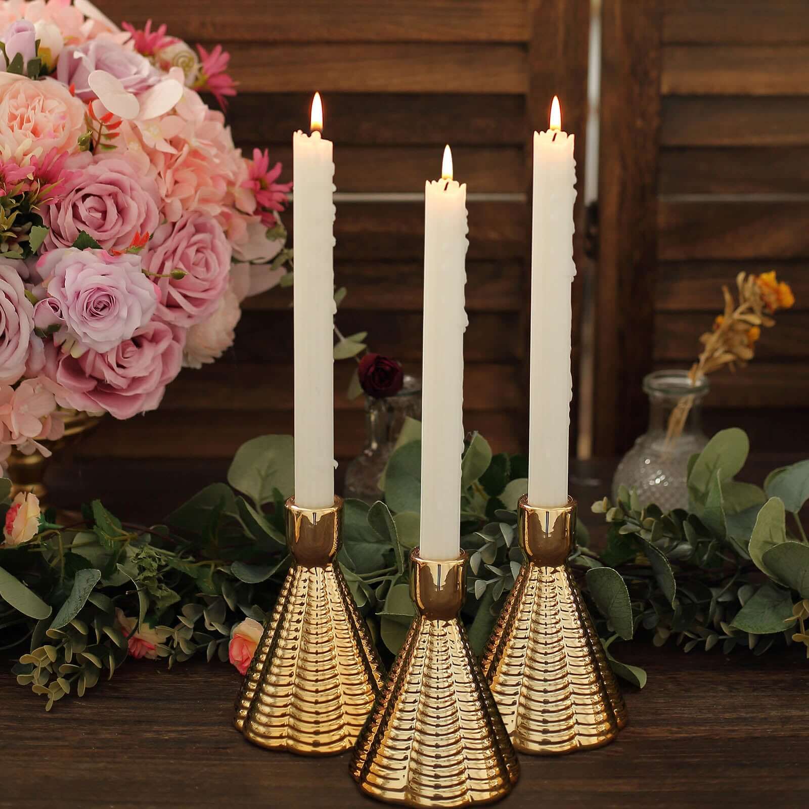 3 - Pack Ceramic Taper Candle Holders Ribbed Cone Shaped Design Metallic Gold - Candlestick Stands for Decor 5" - Bell Racket Store