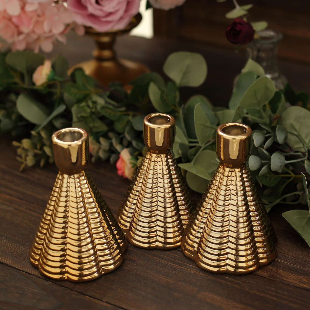 3 - Pack Ceramic Taper Candle Holders Ribbed Cone Shaped Design Metallic Gold - Candlestick Stands for Decor 5" - Bell Racket Store