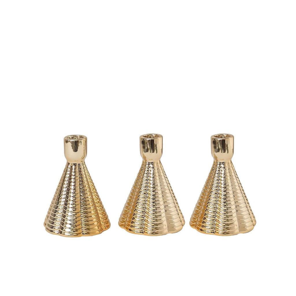 3 - Pack Ceramic Taper Candle Holders Ribbed Cone Shaped Design Metallic Gold - Candlestick Stands for Decor 5" - Bell Racket Store