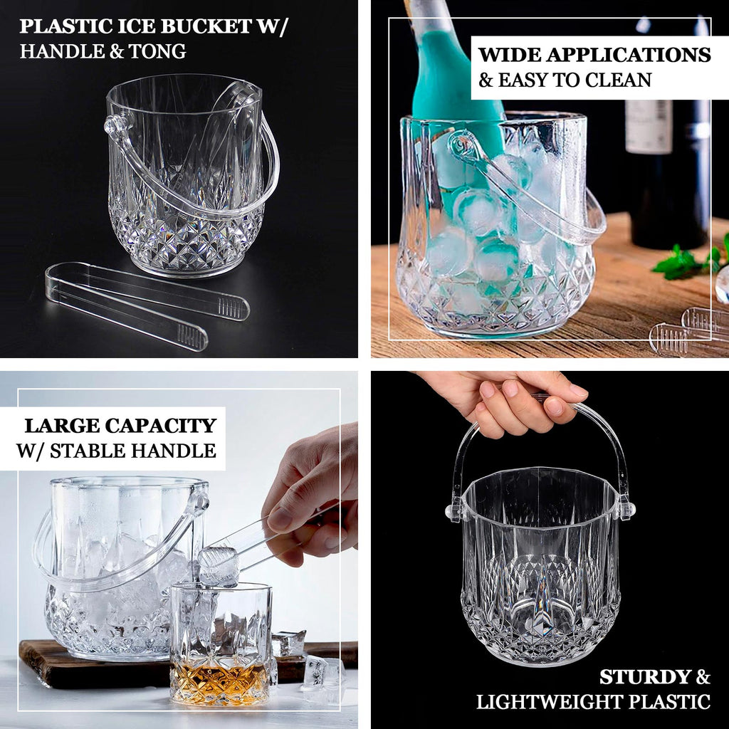 3 - Pack Clear Plastic Small Ice Buckets with Handle & Tongs in Crystal - Cut Design 5"x5" - Bell Racket Store