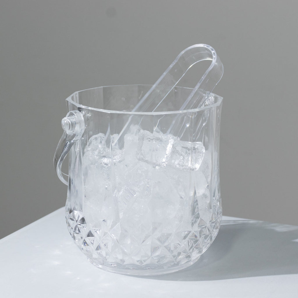 3 - Pack Clear Plastic Small Ice Buckets with Handle & Tongs in Crystal - Cut Design 5"x5" - Bell Racket Store