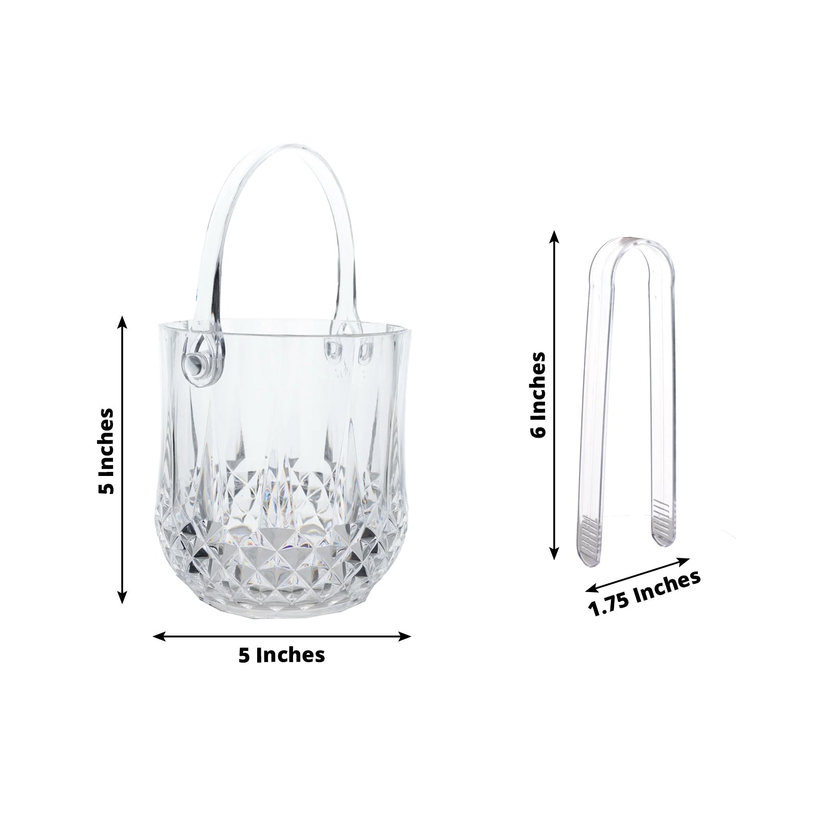 3 - Pack Clear Plastic Small Ice Buckets with Handle & Tongs in Crystal - Cut Design 5"x5" - Bell Racket Store