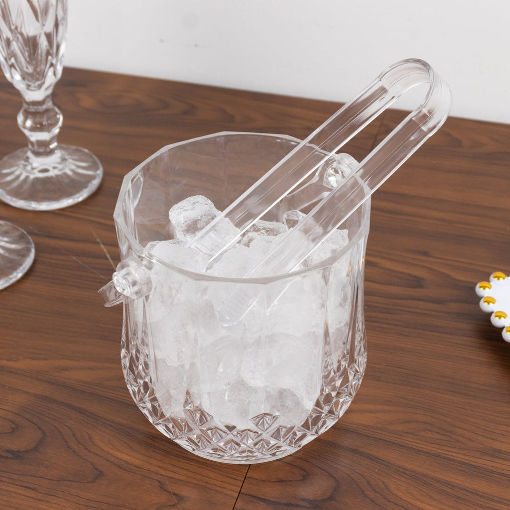 3 - Pack Clear Plastic Small Ice Buckets with Handle & Tongs in Crystal - Cut Design 5"x5" - Bell Racket Store