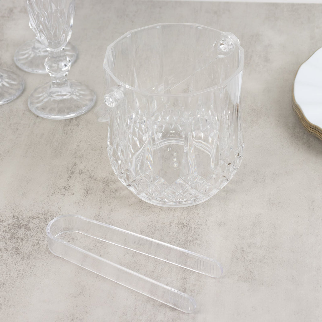 3 - Pack Clear Plastic Small Ice Buckets with Handle & Tongs in Crystal - Cut Design 5"x5" - Bell Racket Store