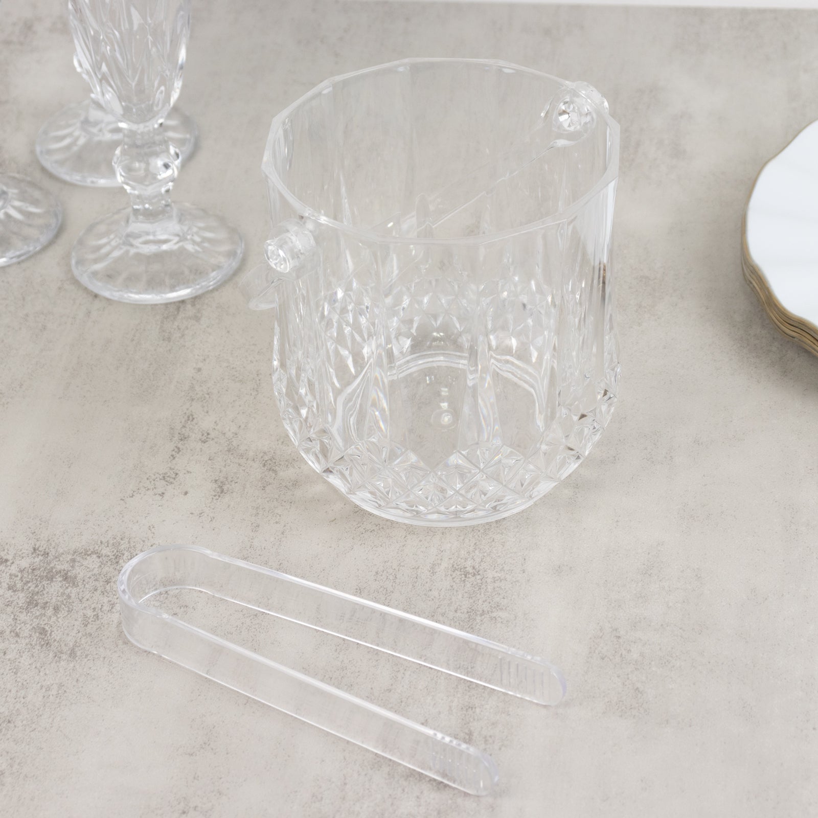 3 - Pack Clear Plastic Small Ice Buckets with Handle & Tongs in Crystal - Cut Design 5"x5" - Bell Racket Store