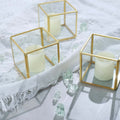 3-Pack Glass Tealight Votive Candle Holders Square Cube Design Clear with Gold Metal Frame - Stackable 3"