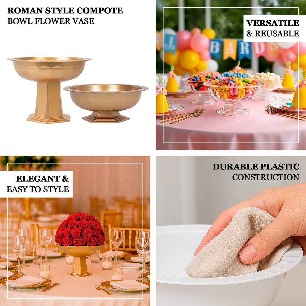 3 Pack Gold Roman Footed Compote Vases, 10"x7" Plastic Pedestal Flower Bowls for Table Centerpieces & Floral Displays - Bell Racket Store