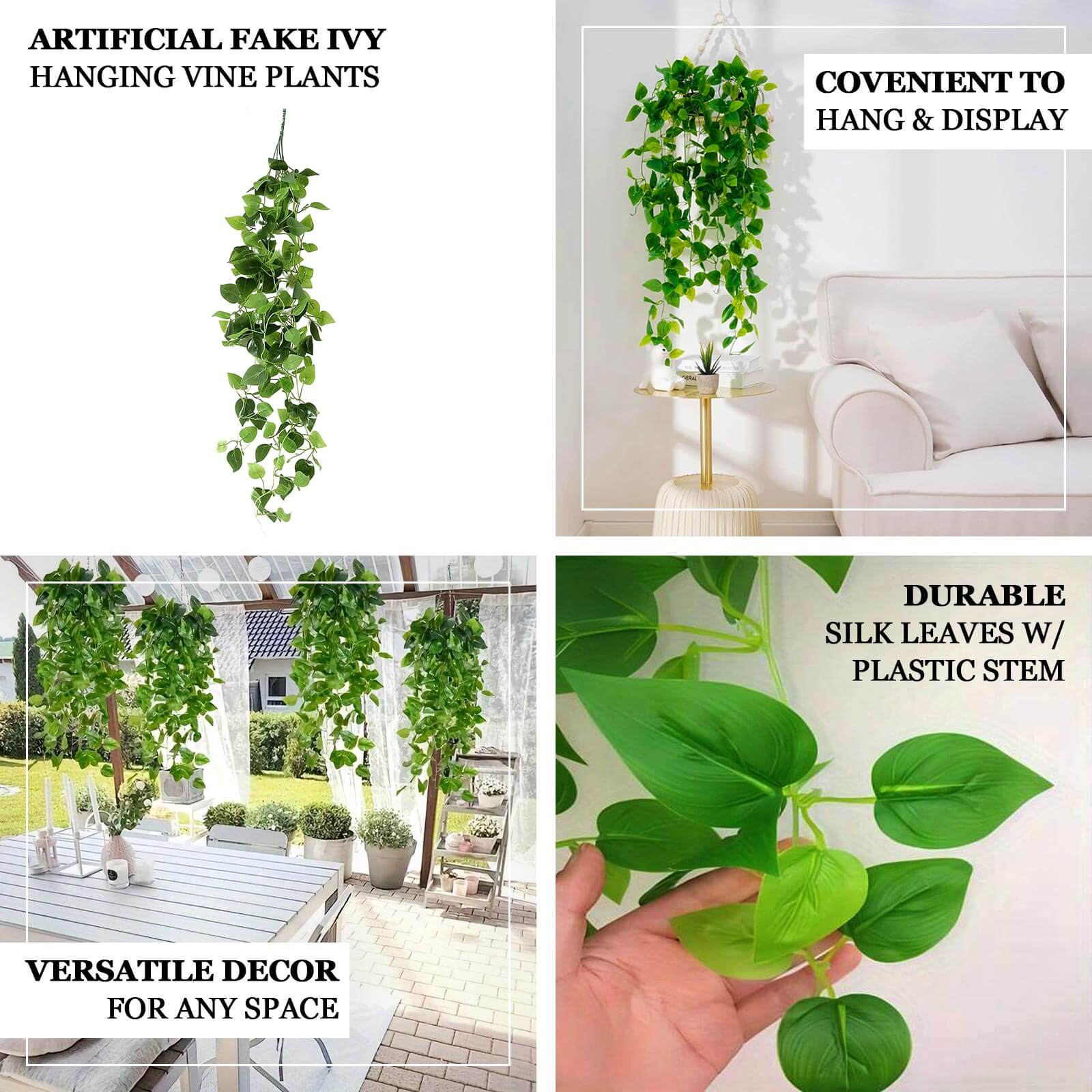 3 Pack Green Pothos Artificial Ivy Vine Hanging Plants, Fake Foliage Silk Leaves Garland - 3ft - Bell Racket Store