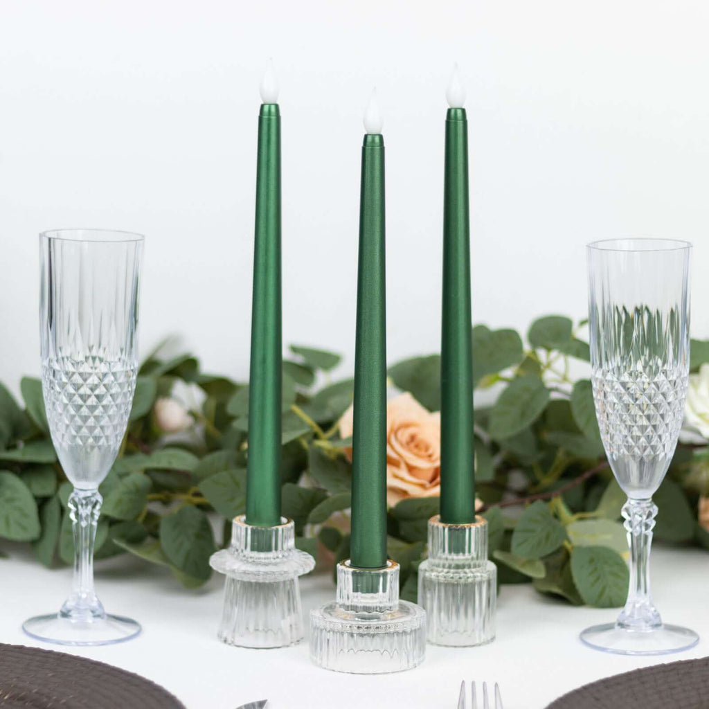 3 - Pack LED Decorative Lighting Warm Flickering Hunter Emerald Green - Flameless Taper Candles 11" - Bell Racket Store