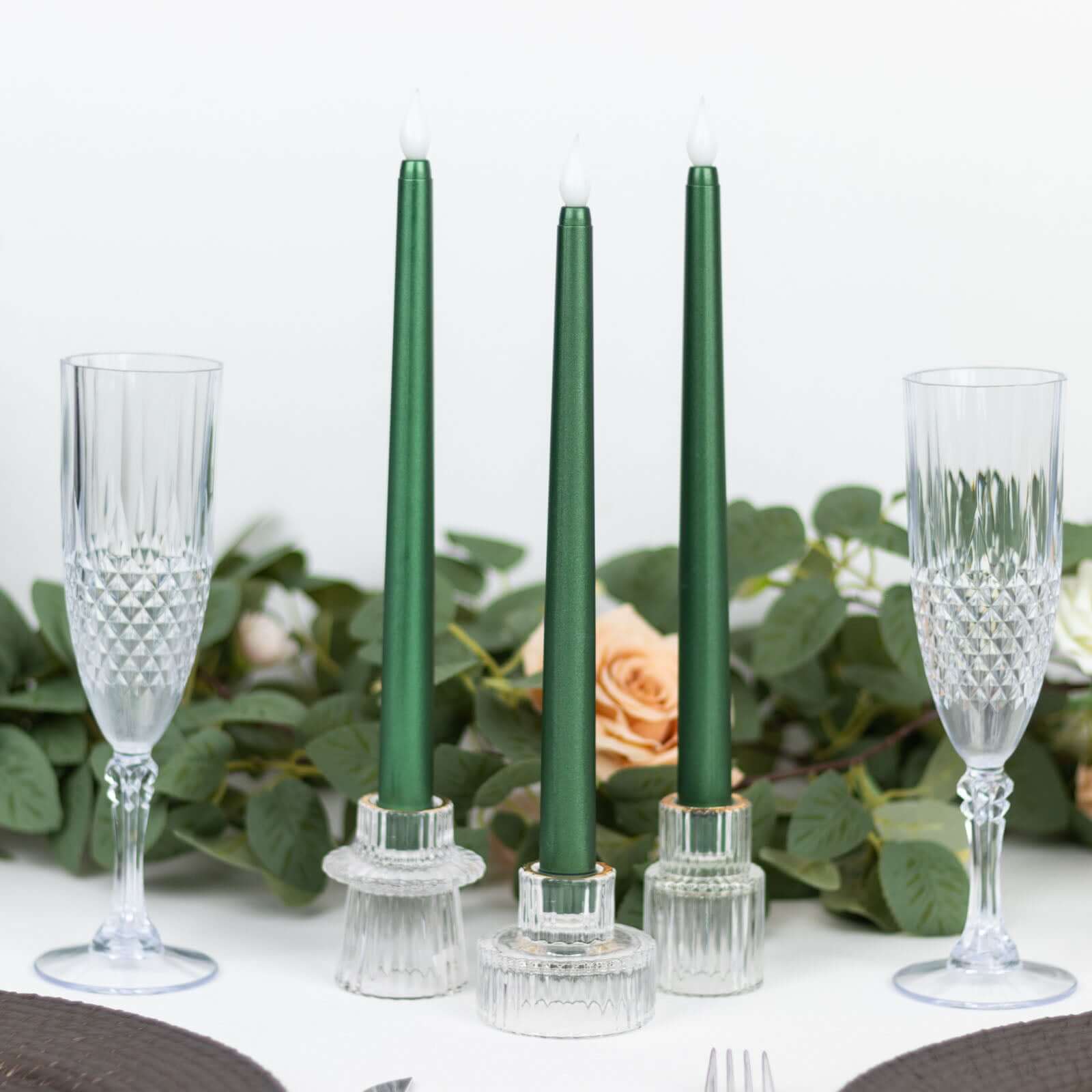 3 - Pack LED Decorative Lighting Warm Flickering Hunter Emerald Green - Flameless Taper Candles 11" - Bell Racket Store
