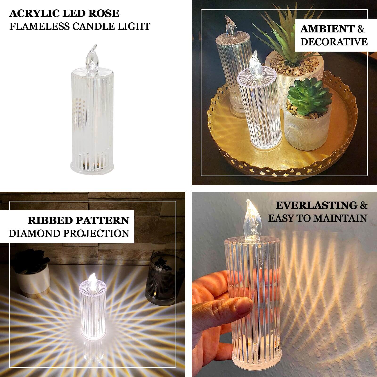 3 - Pack LED Flameless Candle Lamps Diamond Acrylic Design Clear Warm White - Battery Operated Pillars 6" - Bell Racket Store