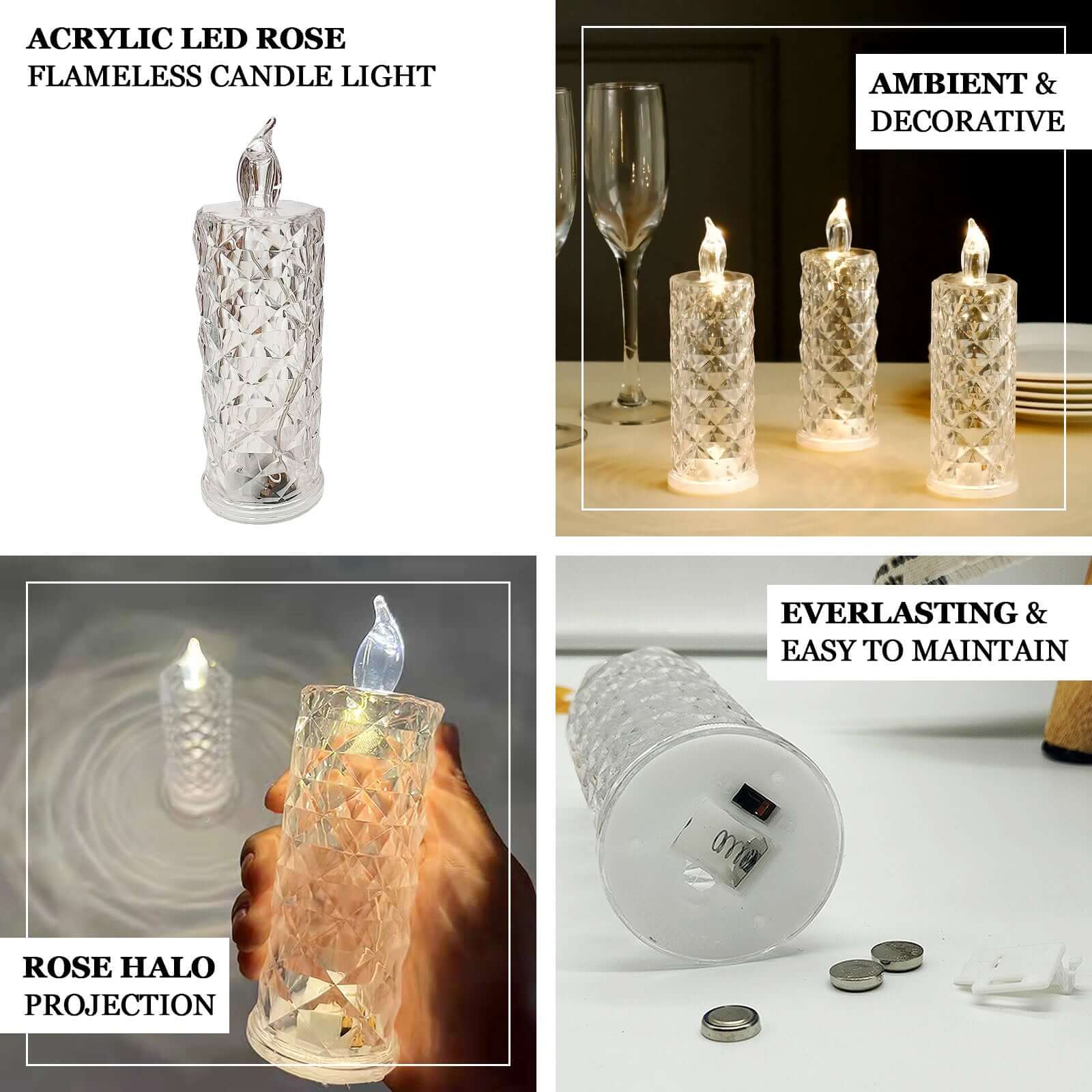 3 - Pack LED Flameless Candle Lights Rose Halo Acrylic Diamond Pattern Warm White - Pillar Lamps 6" - Bell Racket Store