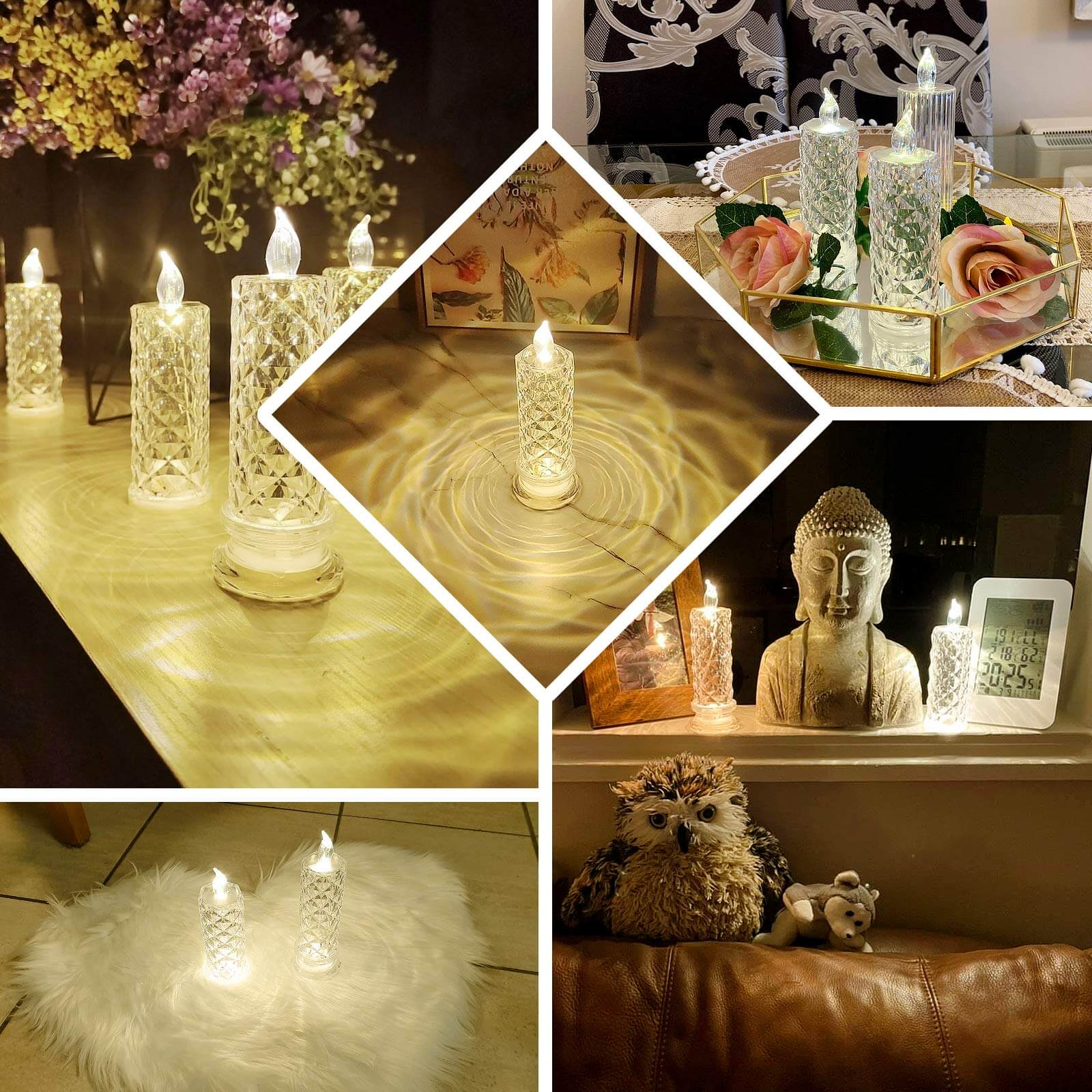 3 - Pack LED Flameless Candle Lights Rose Halo Acrylic Diamond Pattern Warm White - Pillar Lamps 6" - Bell Racket Store