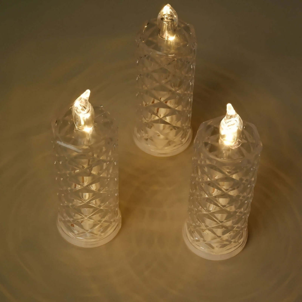3 - Pack LED Flameless Candle Lights Rose Halo Acrylic Diamond Pattern Warm White - Pillar Lamps 6" - Bell Racket Store