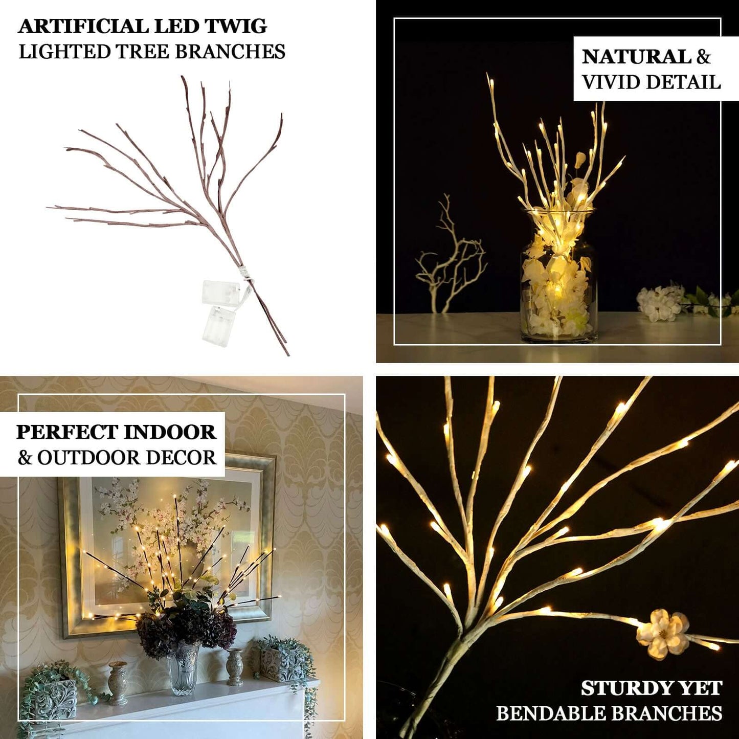 3 - Pack LED Lighted Branches Artificial White - Warm White Tree Twig Lights with 60 Bright LED Bulbs 28.5" - NestOCart