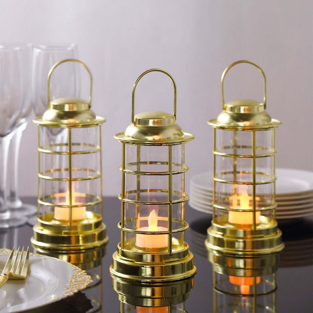 3 - Pack LED Tealight Candles Decorative Gold - Battery Operated Mini Lantern Lamps 7" - Bell Racket Store